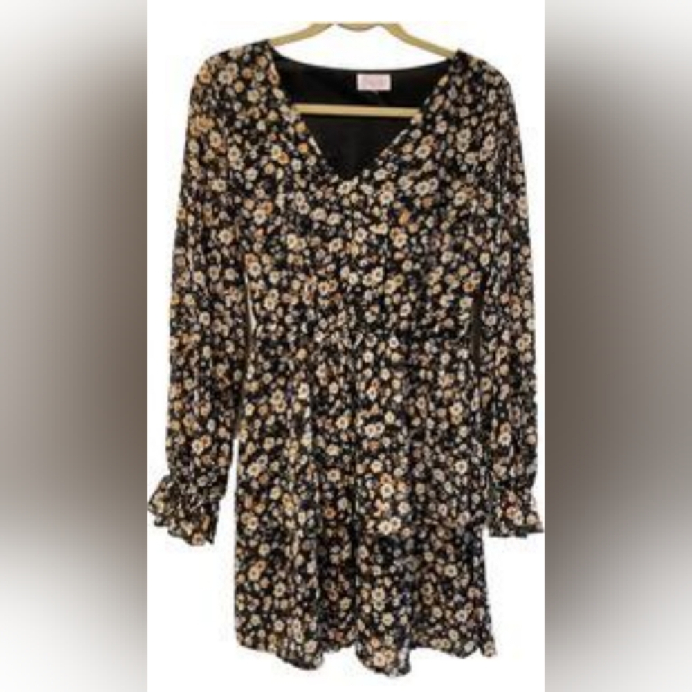 Peach Love California Black and Cream Floral Dress